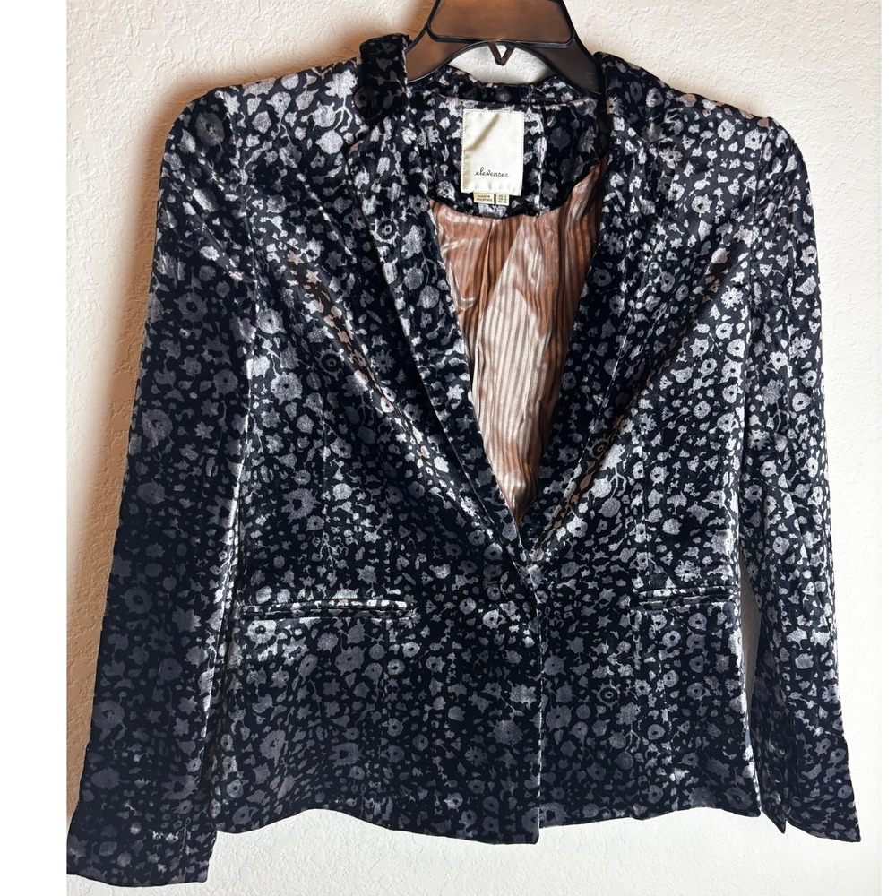 Elevenses Anthropologie Black Silver Velvet Burnout Floral Blazer Jacket Size 4